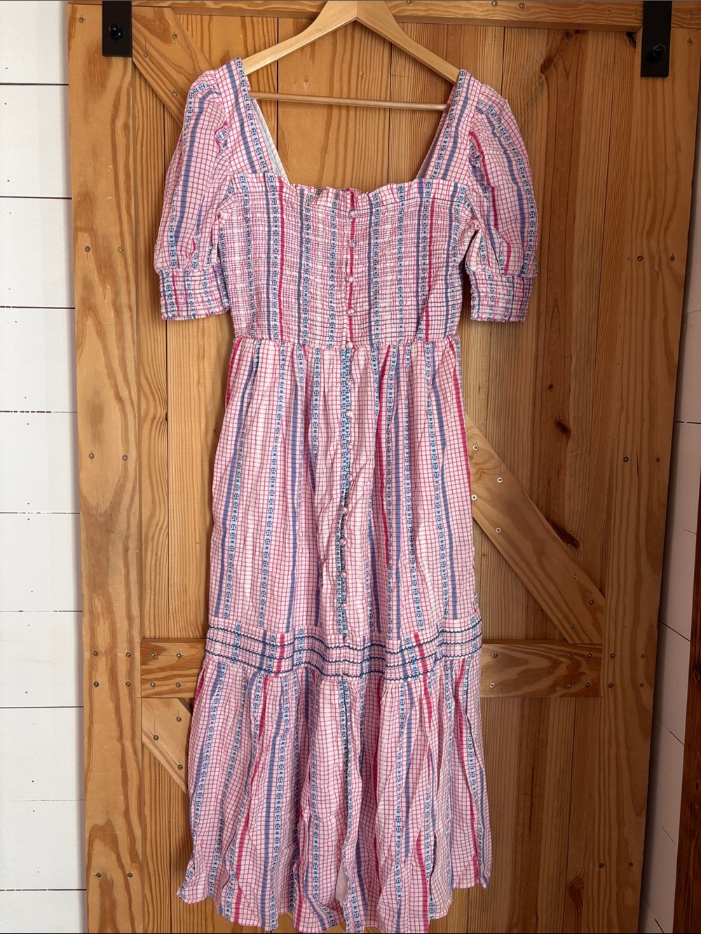 Anthropologie Pink and Blue Striped Midi Dress with Puff Sleeves